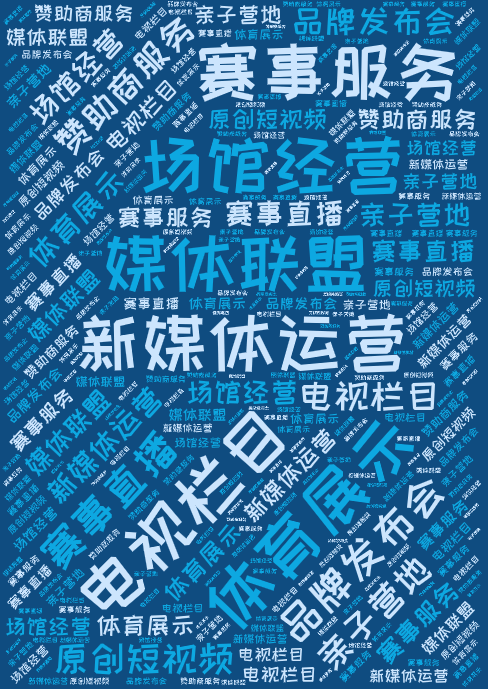 词云图,文字云图,新媒体运营,场馆经营,体育展示,电视栏目,赛事服务,,媒体联盟,品牌发布会,赛事直播,赞助商服务