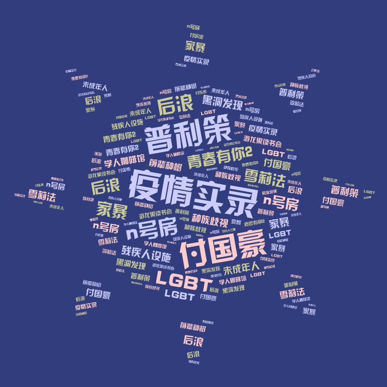 词云图,文字云图,疫情实录,普利策,付国豪,n号房,青春有你2,LGBT,雪莉法,后浪,残疾人设施,家暴