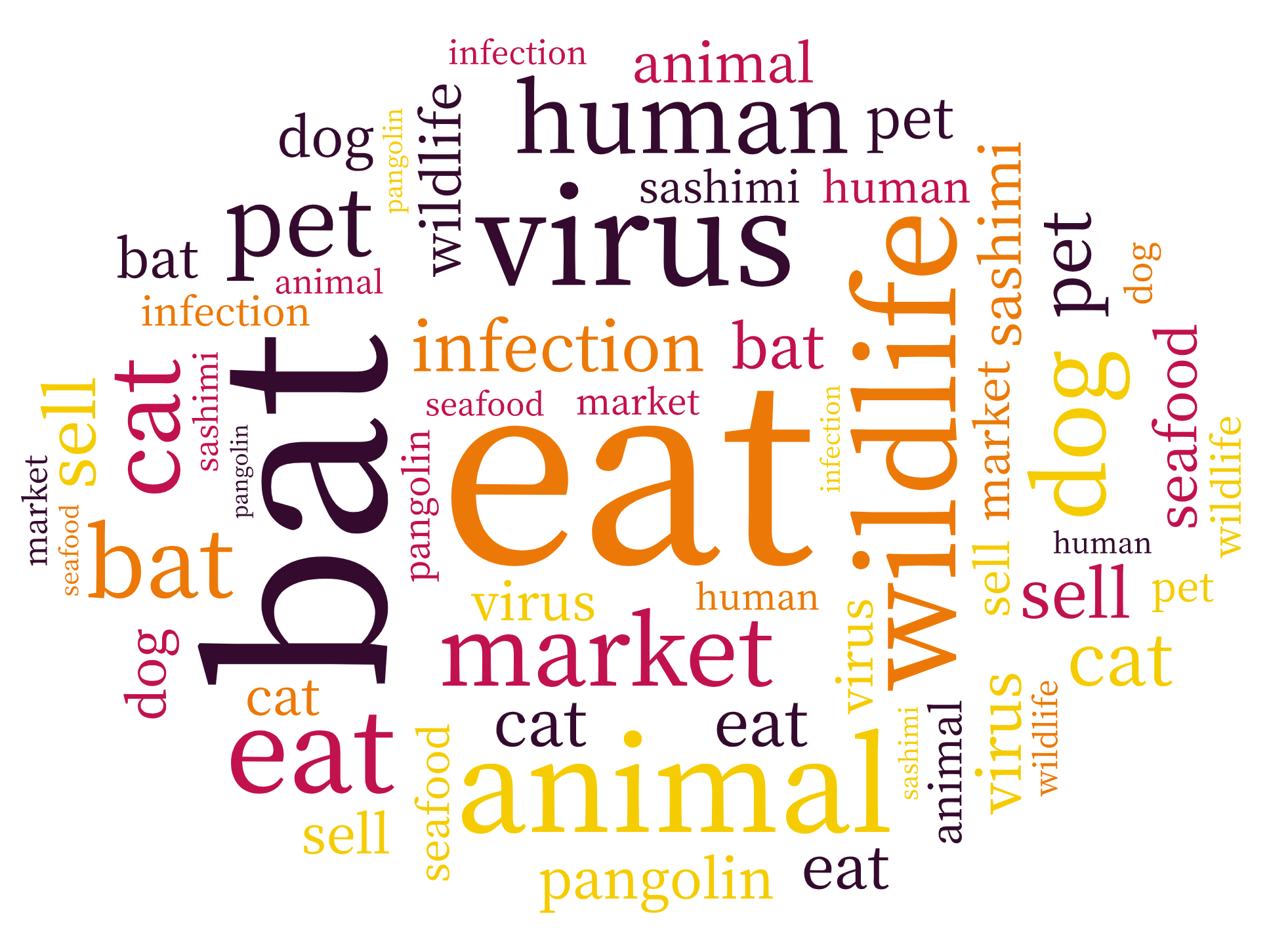 词云图,文字云图,eat,bat,wildlife,virus,animal,human,market,dog,cat,pet