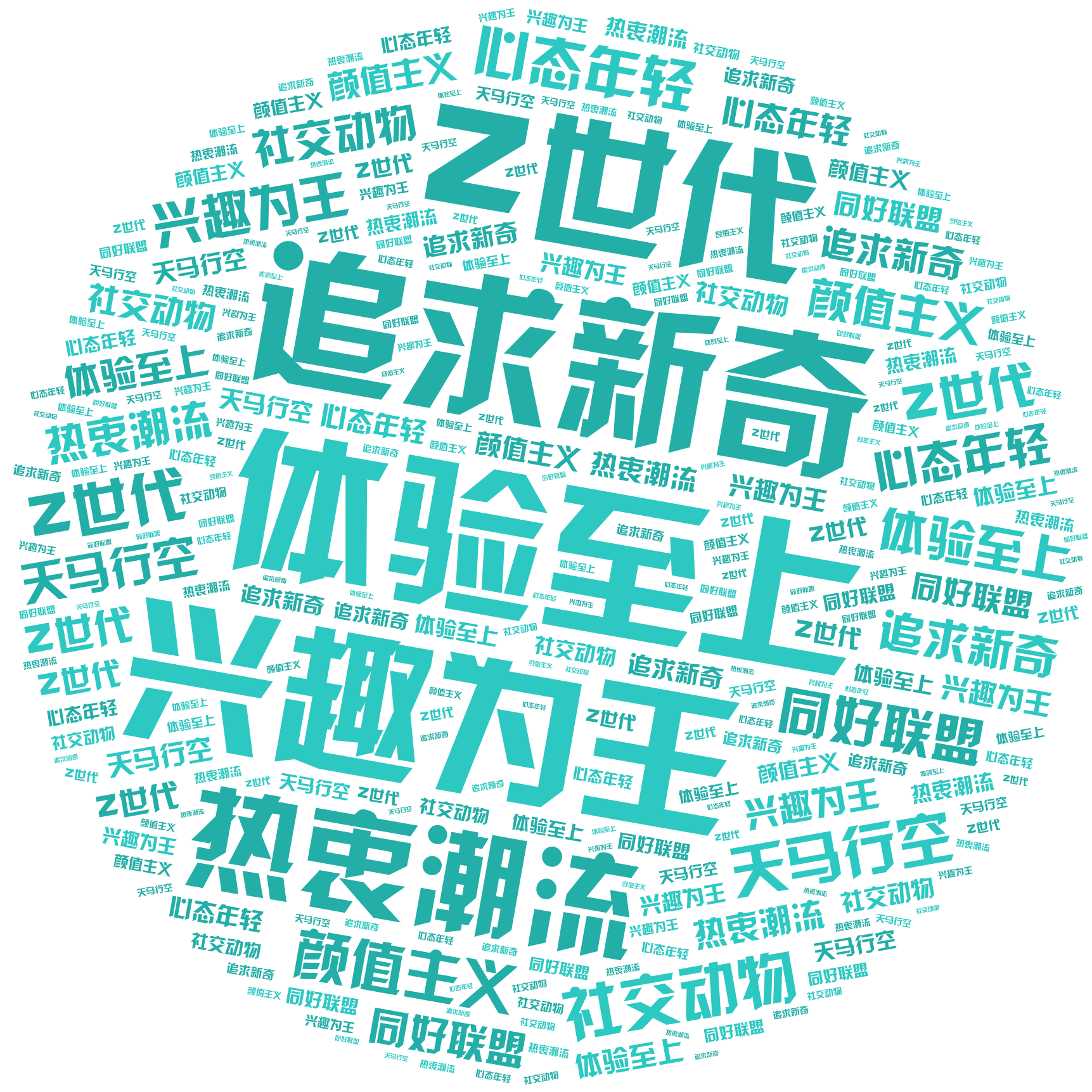 词云图,文字云图,体验至上,追求新奇,兴趣为王,Z世代,热衷潮流,社交动物,颜值主义,心态年轻,天马行空,同好联盟