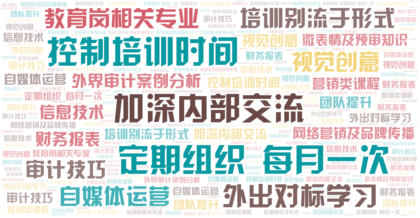 词云图,文字云图,加深内部交流,控制培训时间,定期组织 每月一次,外出对标学习,培训别流于形式,教育岗相关专业,自媒体运营,视觉创意,审计技巧,外界审计案例分析