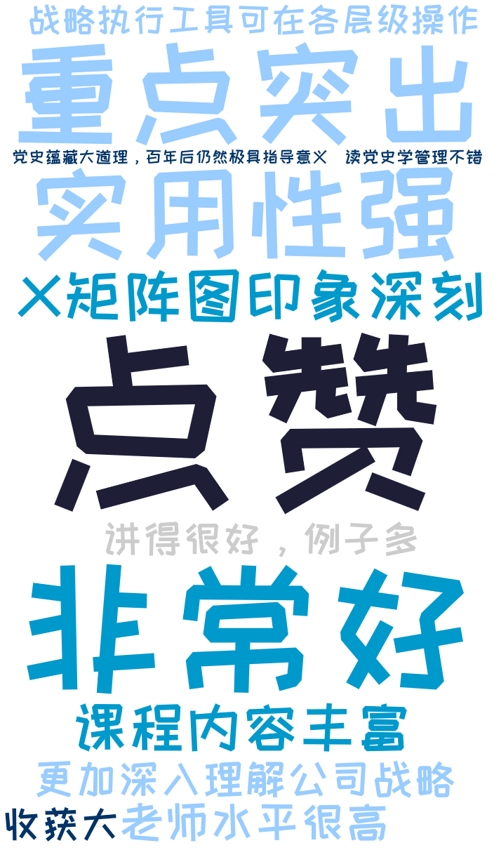 词云图,文字云图,点赞,实用性强,重点突出,X矩阵图印象深刻,战略执行工具可在各层级操作,更加深入理解公司战略,非常好,课程内容丰富,老师水平很高,讲得很好，例子多