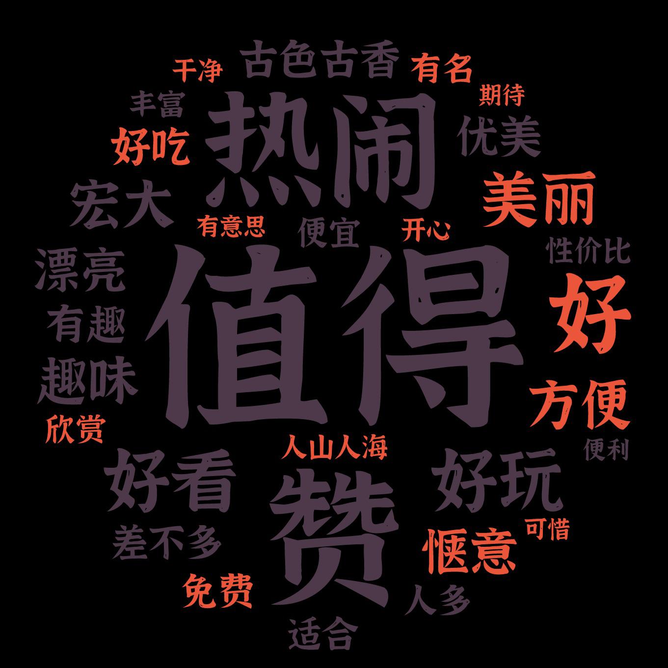 词云图,文字云图,值得,热闹,赞,好玩,好看,美丽,方便,古色古香,宏大,趣味