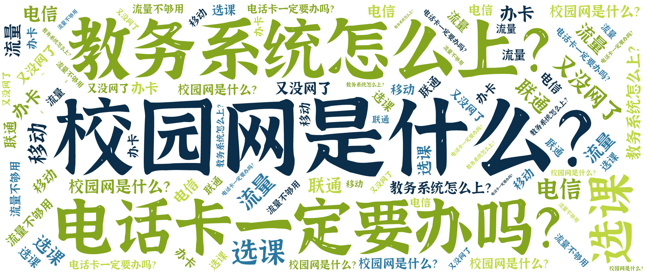 词云图,文字云图,校园网是什么？,教务系统怎么上？,电话卡一定要办吗？,选课,又没网了,流量,流量不够用,办卡,电信,联通