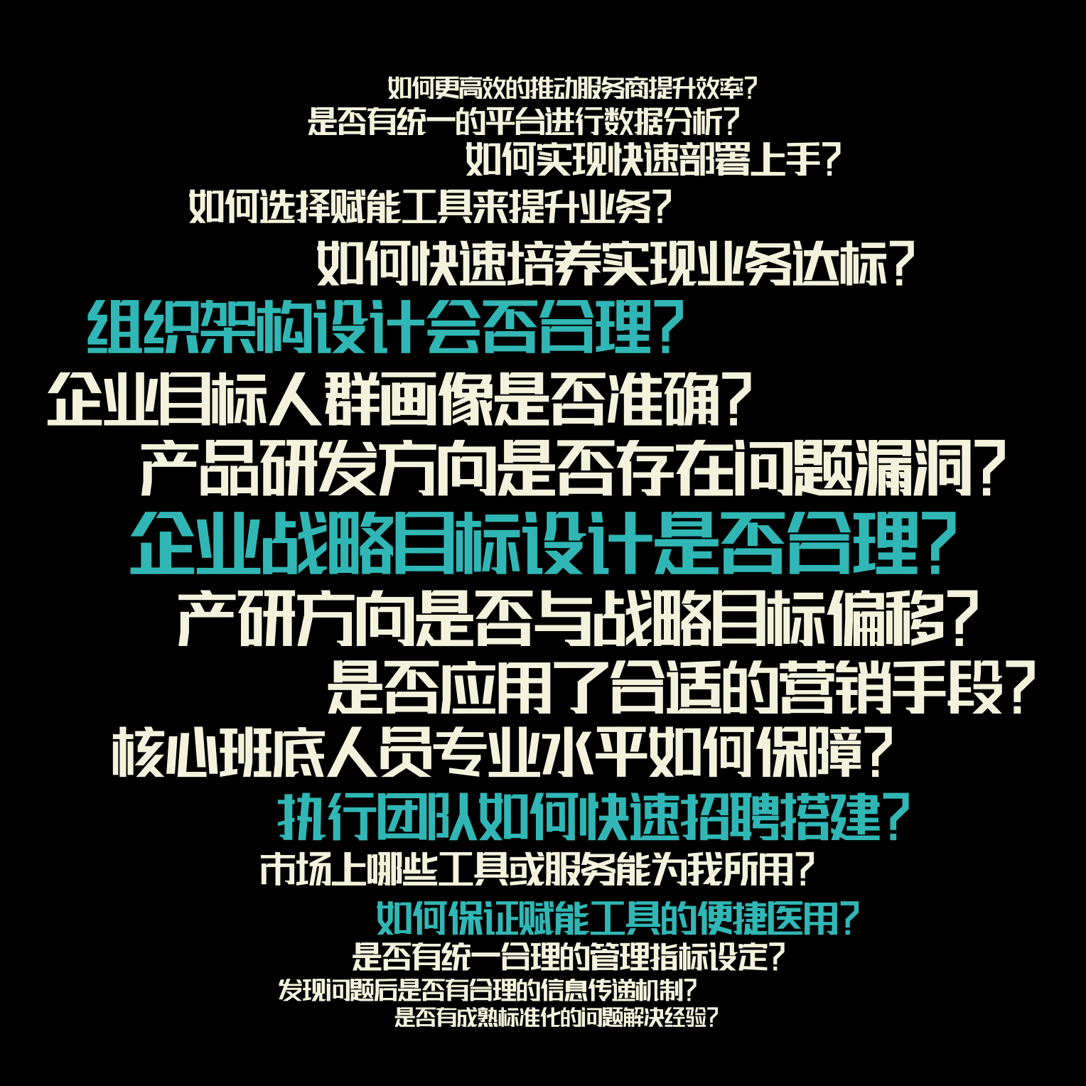 词云图,文字云图,企业战略目标设计是否合理？,产品研发方向是否存在问题漏洞？,产研方向是否与战略目标偏移？,企业目标人群画像是否准确？,是否应用了合适的营销手段？,组织架构设计会否合理？,核心班底人员专业水平如何保障？,执行团队如何快速招聘搭建？,如何快速培养实现业务达标？,市场上哪些工具或服务能为我所用？