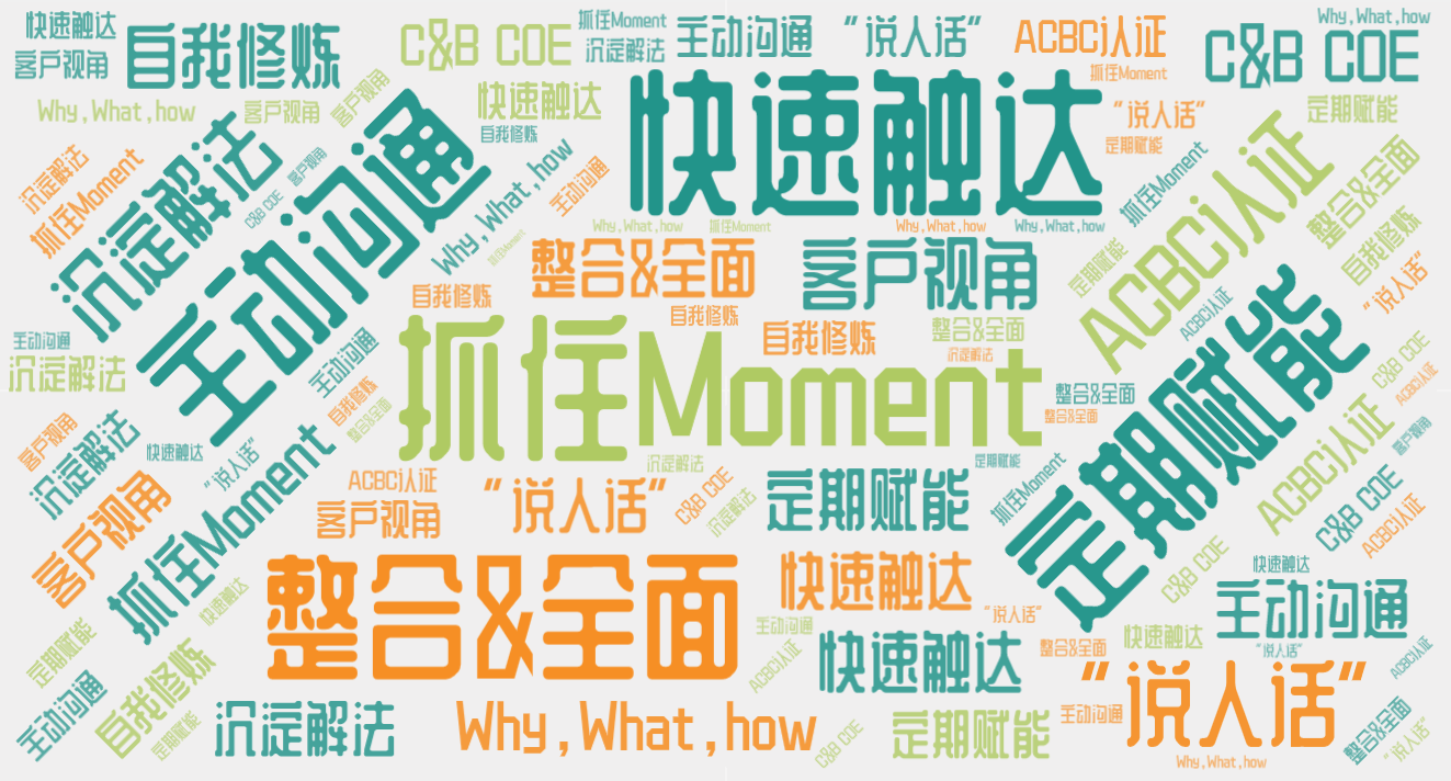 词云图,文字云图,抓住Moment,快速触达,定期赋能,整合&全面,主动沟通,“说人话”,ACBC认证,沉淀解法,客户视角,自我修炼