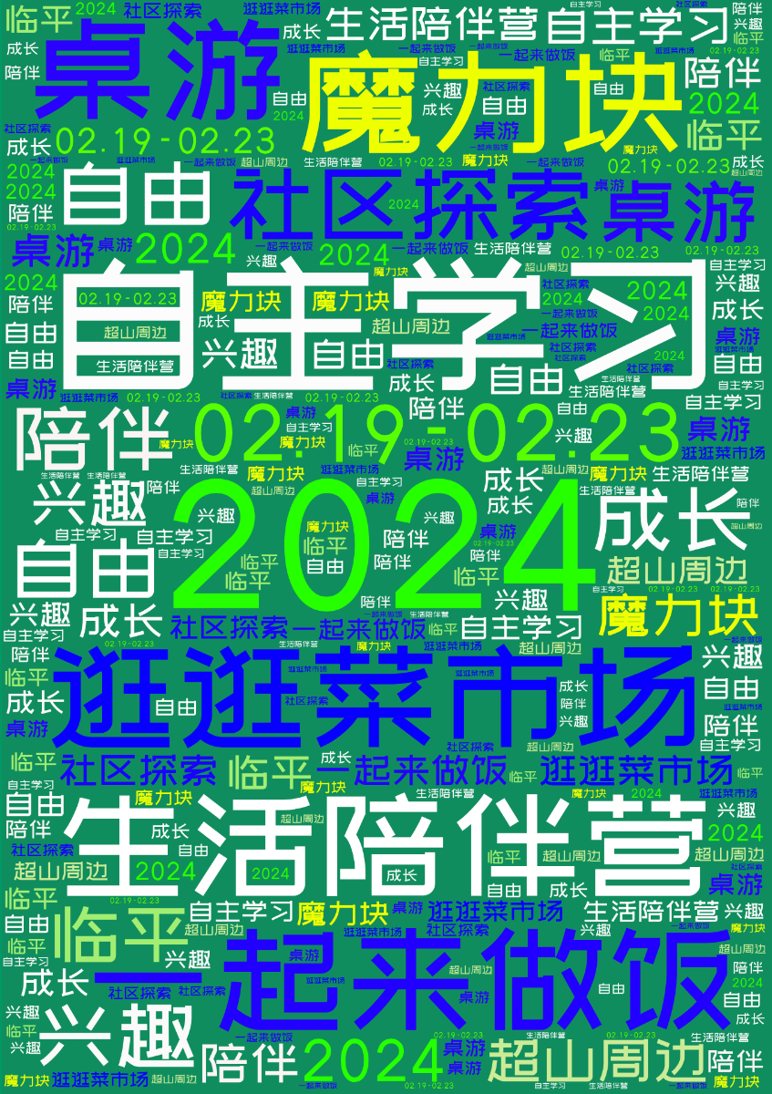 词云图,文字云图,2024,自主学习,生活陪伴营,魔力块,逛逛菜市场,一起来做饭,桌游,社区探索,02.19-02.23,自由